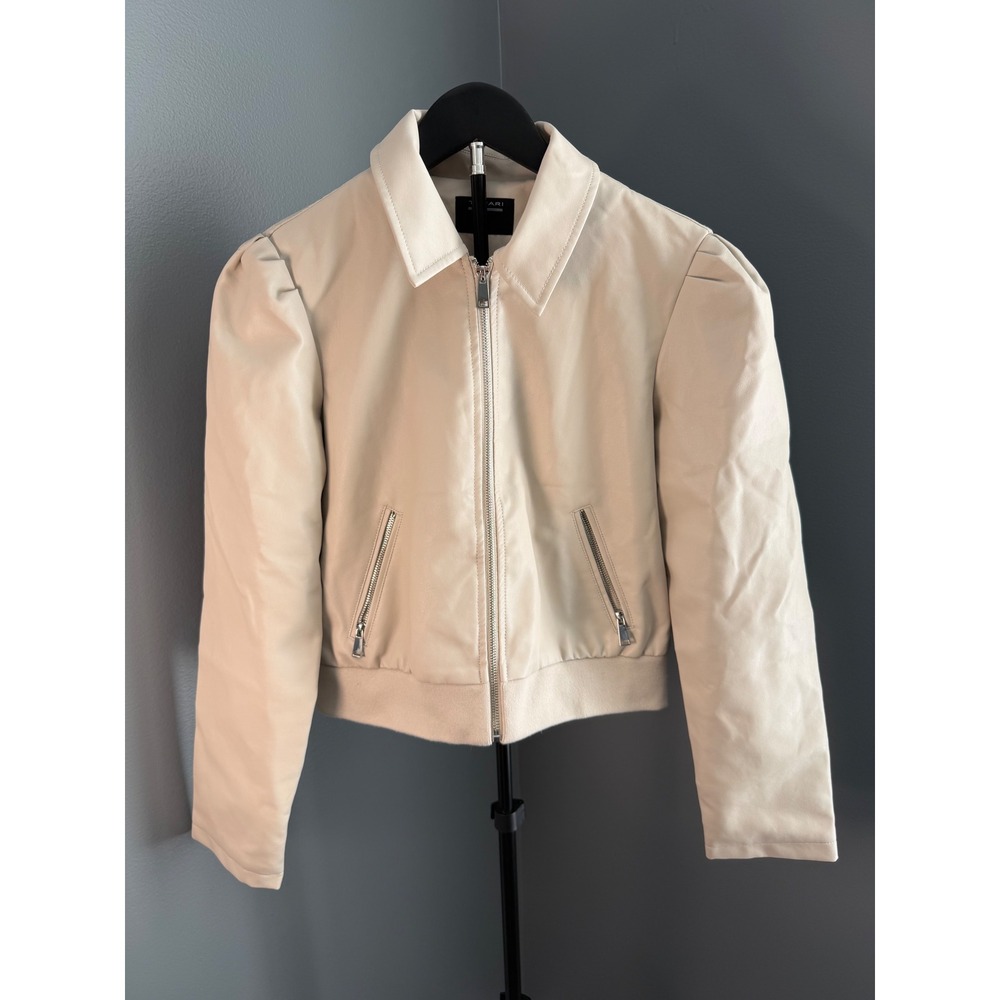 Tahari Faux Leather Jacket Womens Small Beige Puff Sleeve Bomber Moto